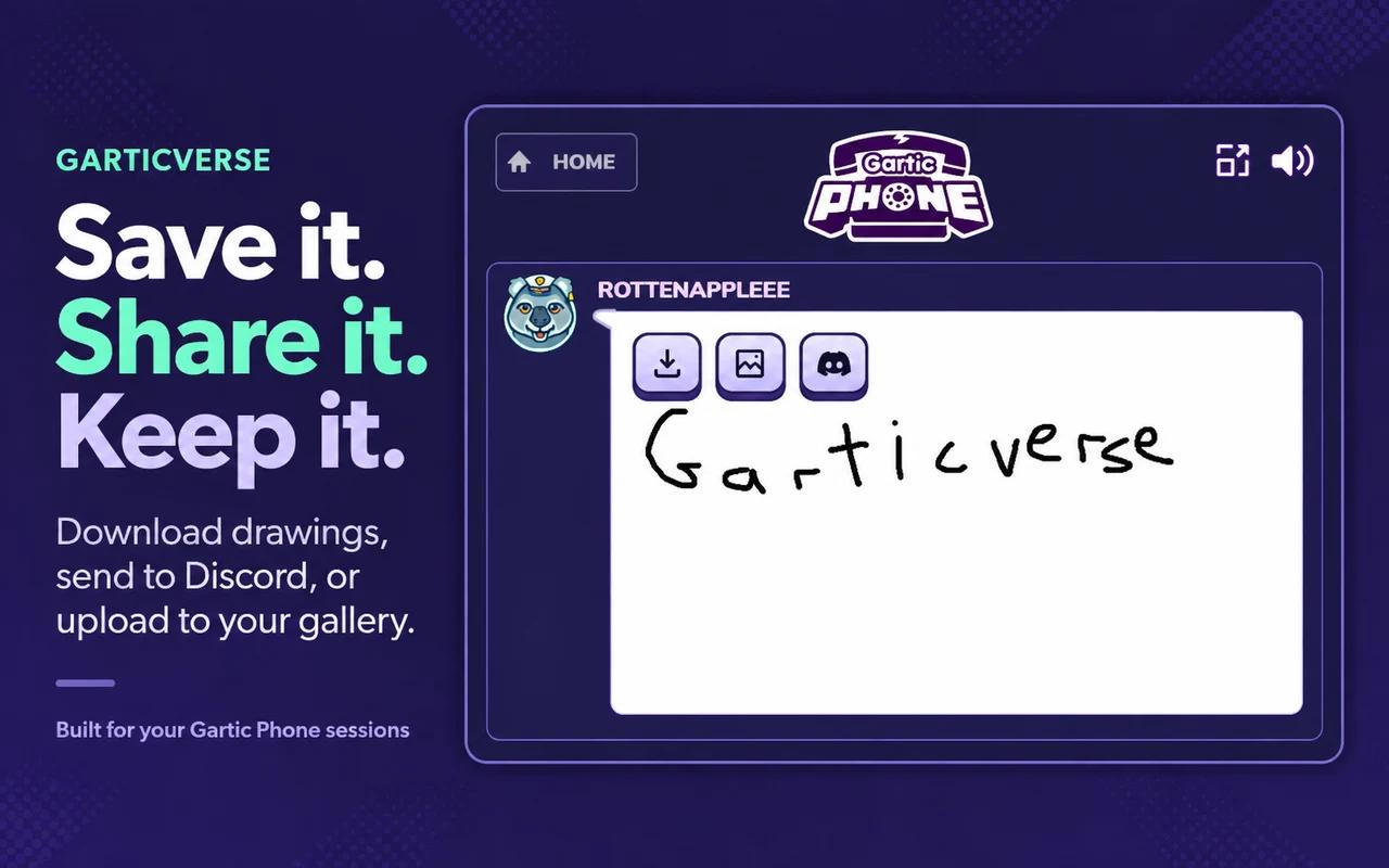 Garticverse drawing controls for downloading, Discord sharing and gallery uploads in Gartic Phone