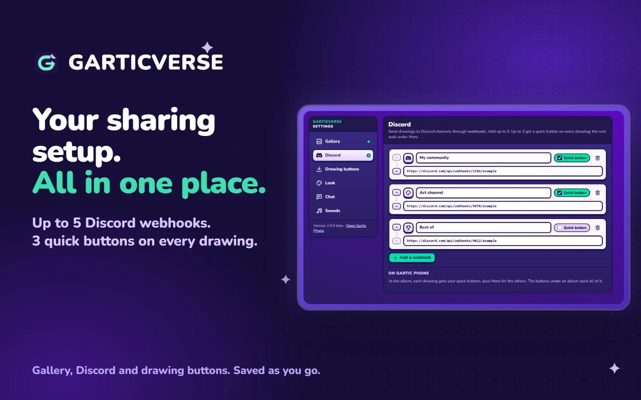 The Garticverse settings page on its Discord section: three named webhooks, two of them quick buttons, and Add a webhook