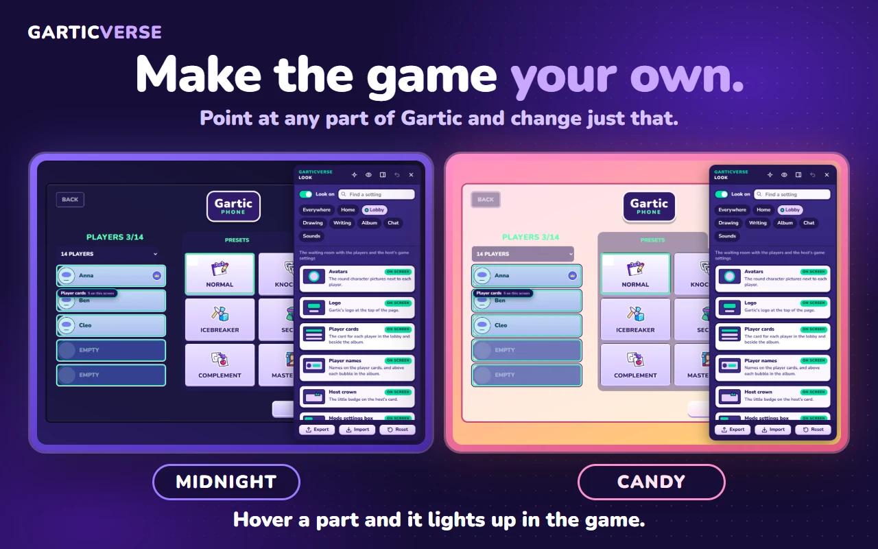 The Garticverse look editor beside Gartic Phone's lobby in the Midnight and Candy themes, with the player cards outlined