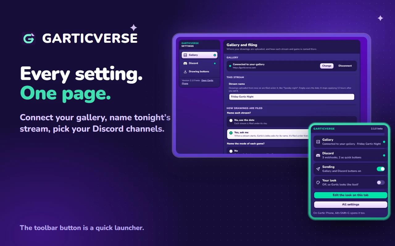 The Garticverse settings page on its Gallery section, with the toolbar launcher showing gallery, Discord, sending and look switches