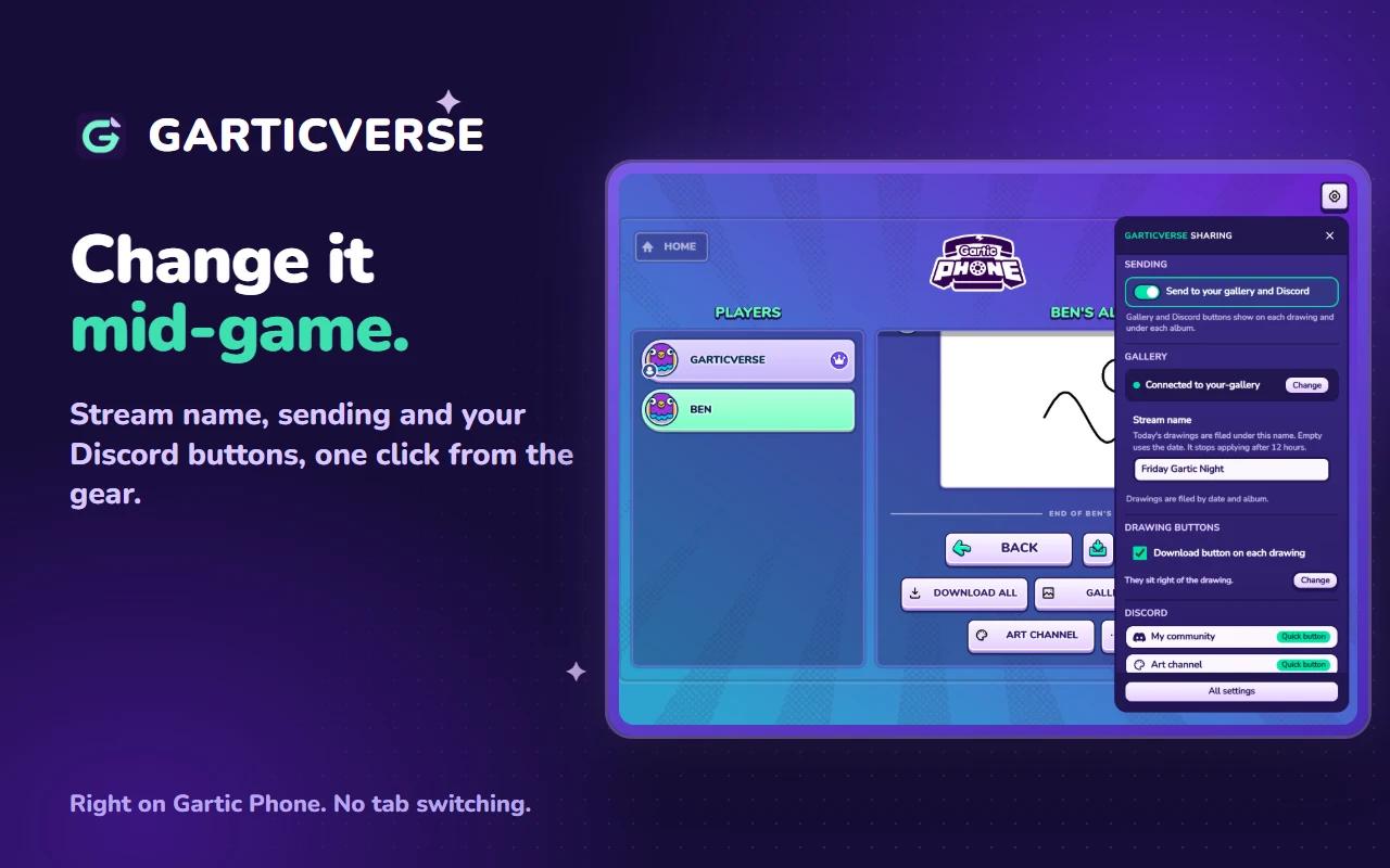 Garticverse's Sharing and uploads panel open over a Gartic Phone album