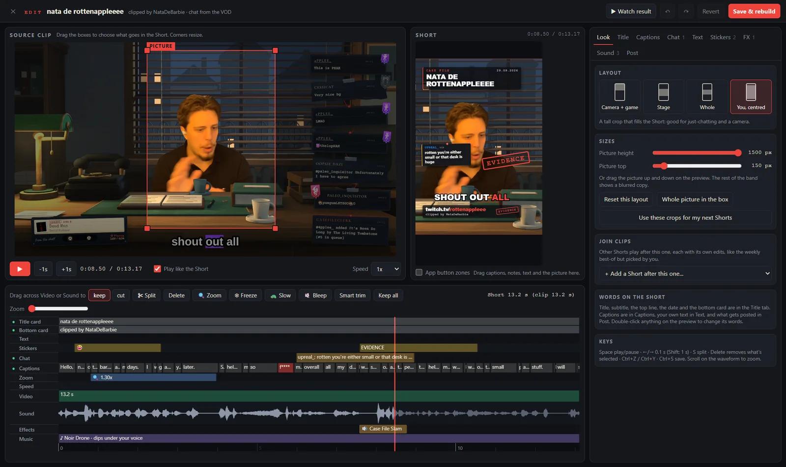 The editor: the source clip with crop boxes, the Short preview, settings tabs, and a timeline with tracks for cards, text, stickers, chat, captions, zoom, speed, video, sound, effects and music