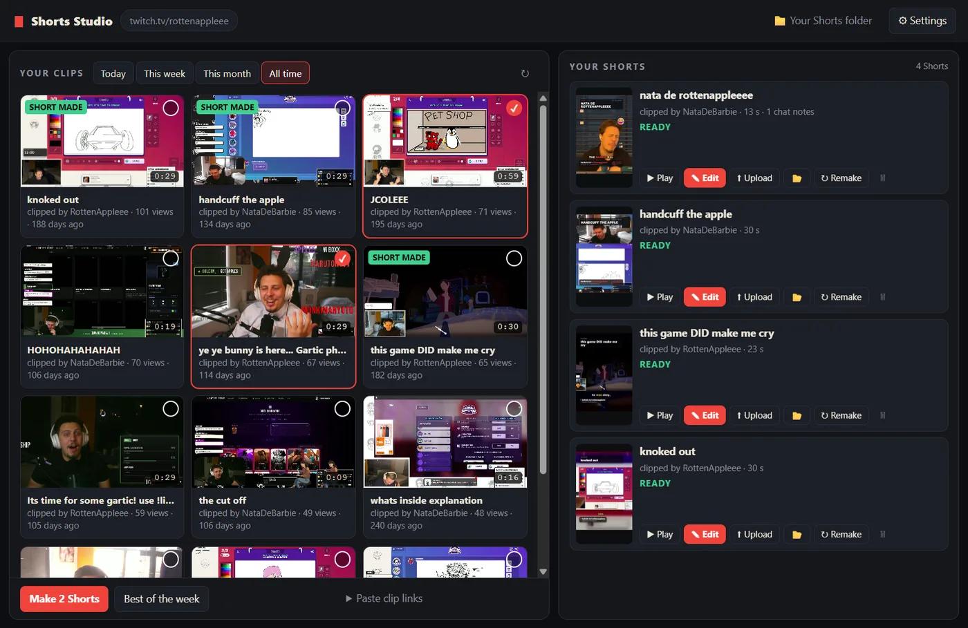 The main window: your Twitch clips on the left, your finished Shorts on the right