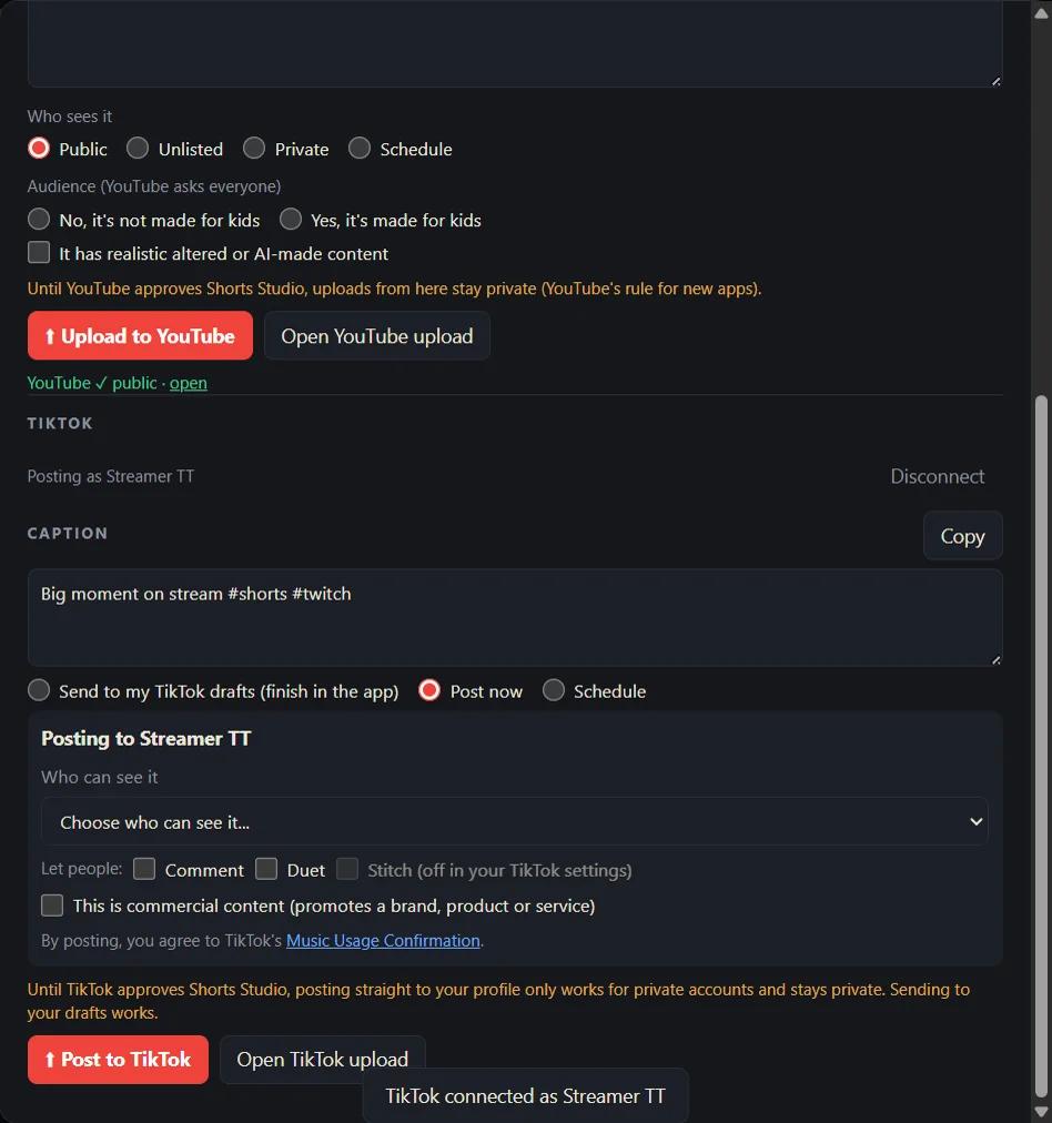 The upload window: YouTube visibility, audience and schedule, and TikTok drafts, post now or schedule, with who can see it, comments, duet, stitch and commercial content