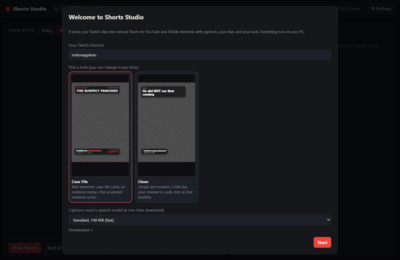 First start: type your Twitch channel, pick a look, and the speech model downloads once