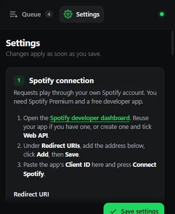 Settings in the narrow dock: Spotify connection steps and redirect URI
