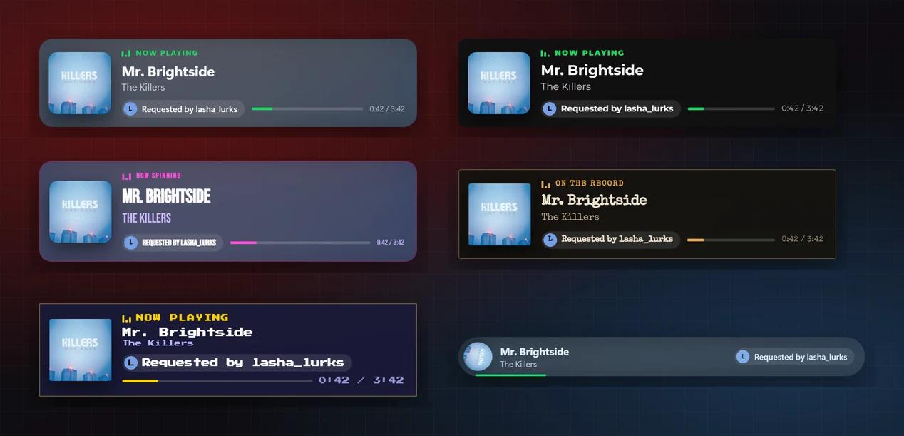 Six overlay styles: Glass, Spotify, Neon, Noir, Retro and Vinyl