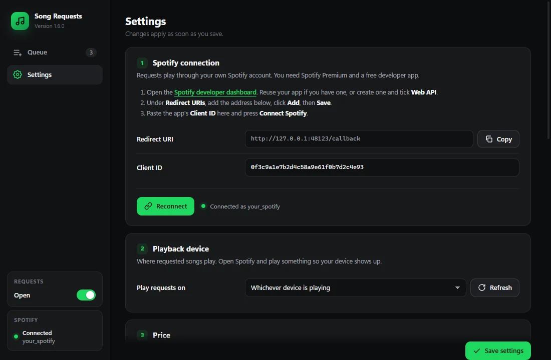 Settings page: Spotify connection with redirect URI and Client ID, playback device
