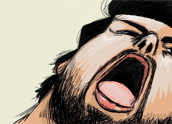 Chef Rossi's banner art: an ink sketch of him screaming, big nose first
